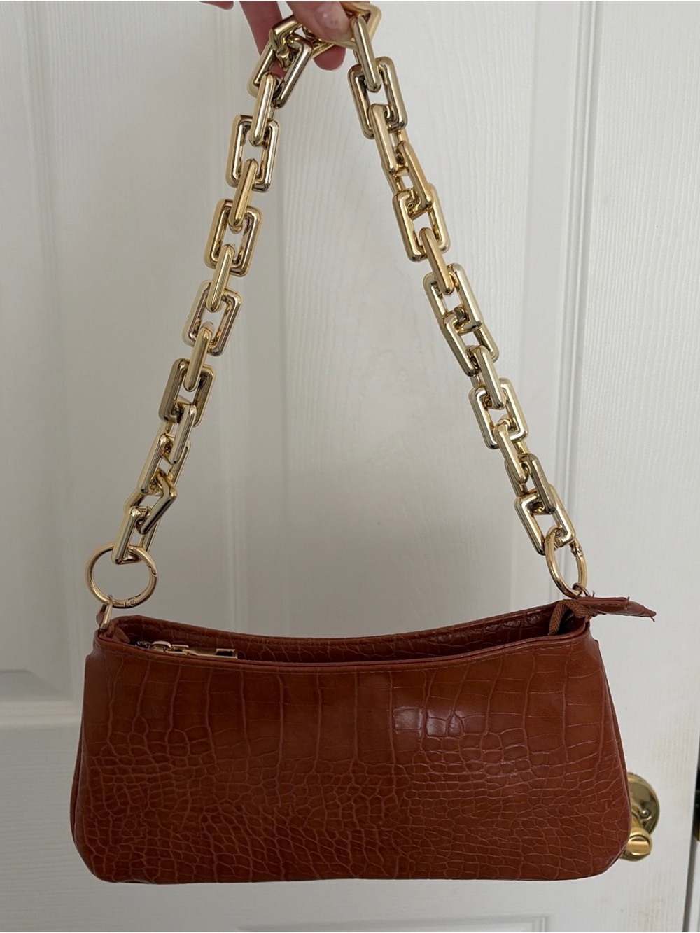 Classic Croc-Embossed Shoulder Bag in Brown with Gold Chain